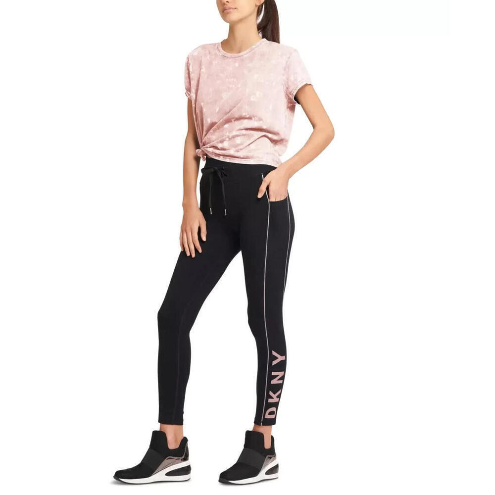 DKNY Womens Small Black Logo Tape Mid Rise Drawstring Pocket 7/8 Leggings $59